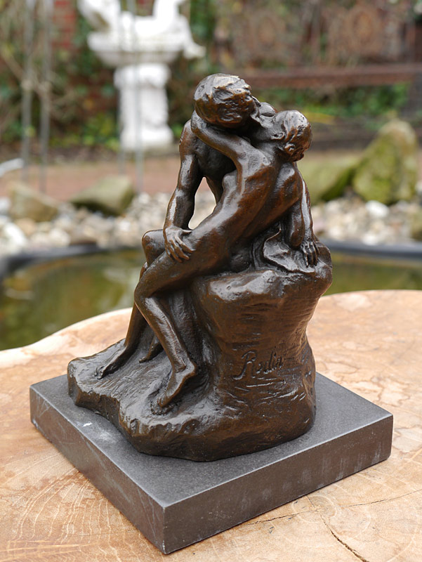 Bronzeskulptur nach Rodin der Kuss Marmorsockel Bronzefigur Skulptur H.14cm 
